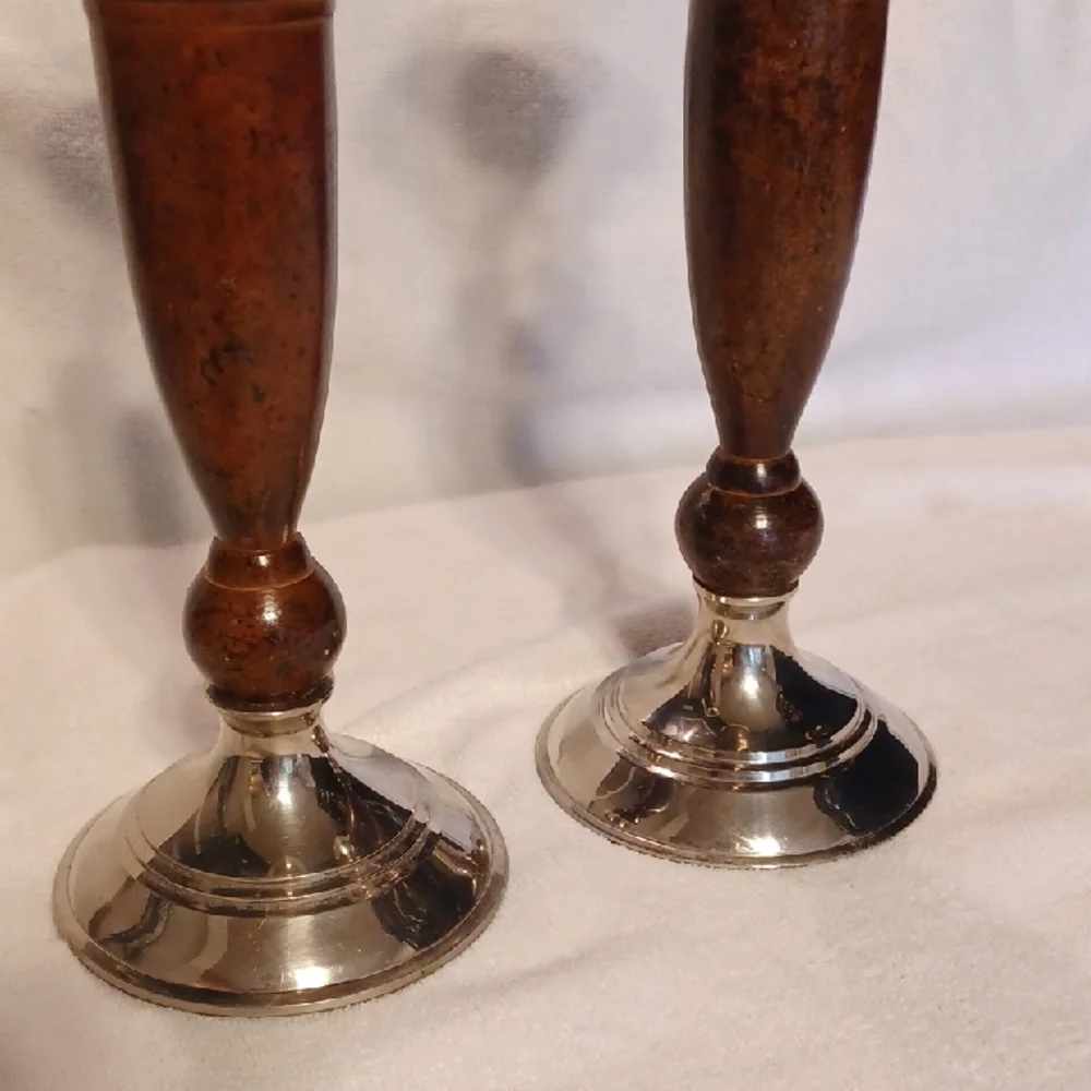 Vintage Silver Tone and Brown Accent Candlesticks Pair Made In India